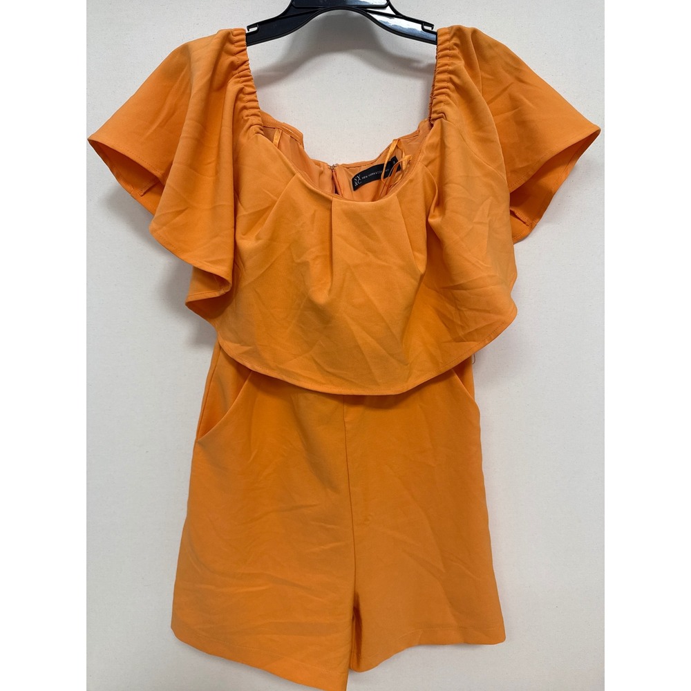 New York & Company Orange Ruffle Off Shoulder Short Romper Size S